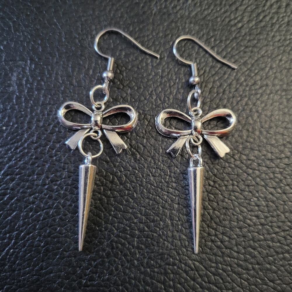 Spiked bow earrings, stainless steel hooks